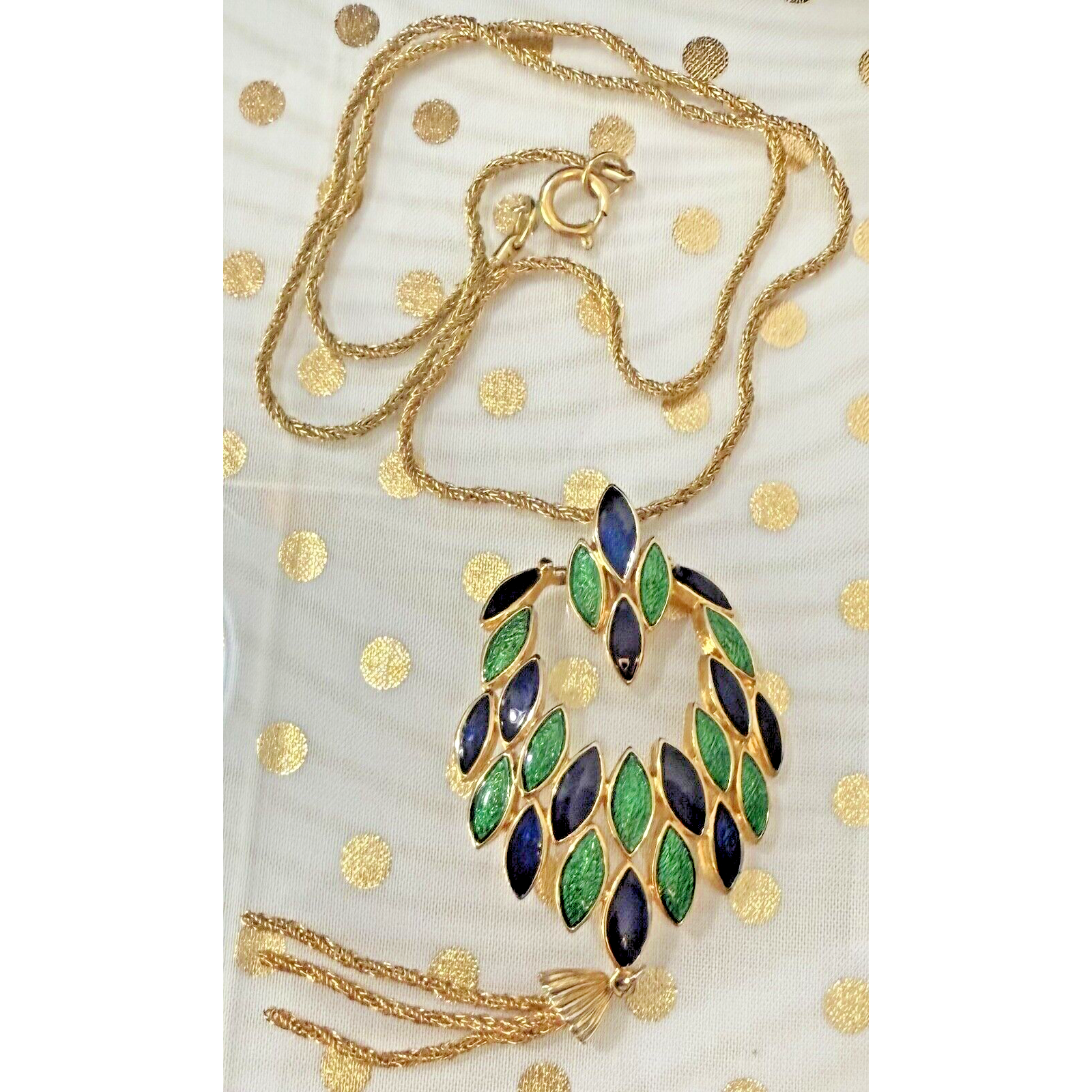 Vintage 1960s Hobe Gold Tone Necklace Green Blue Enamel Pendant Tassel 140$